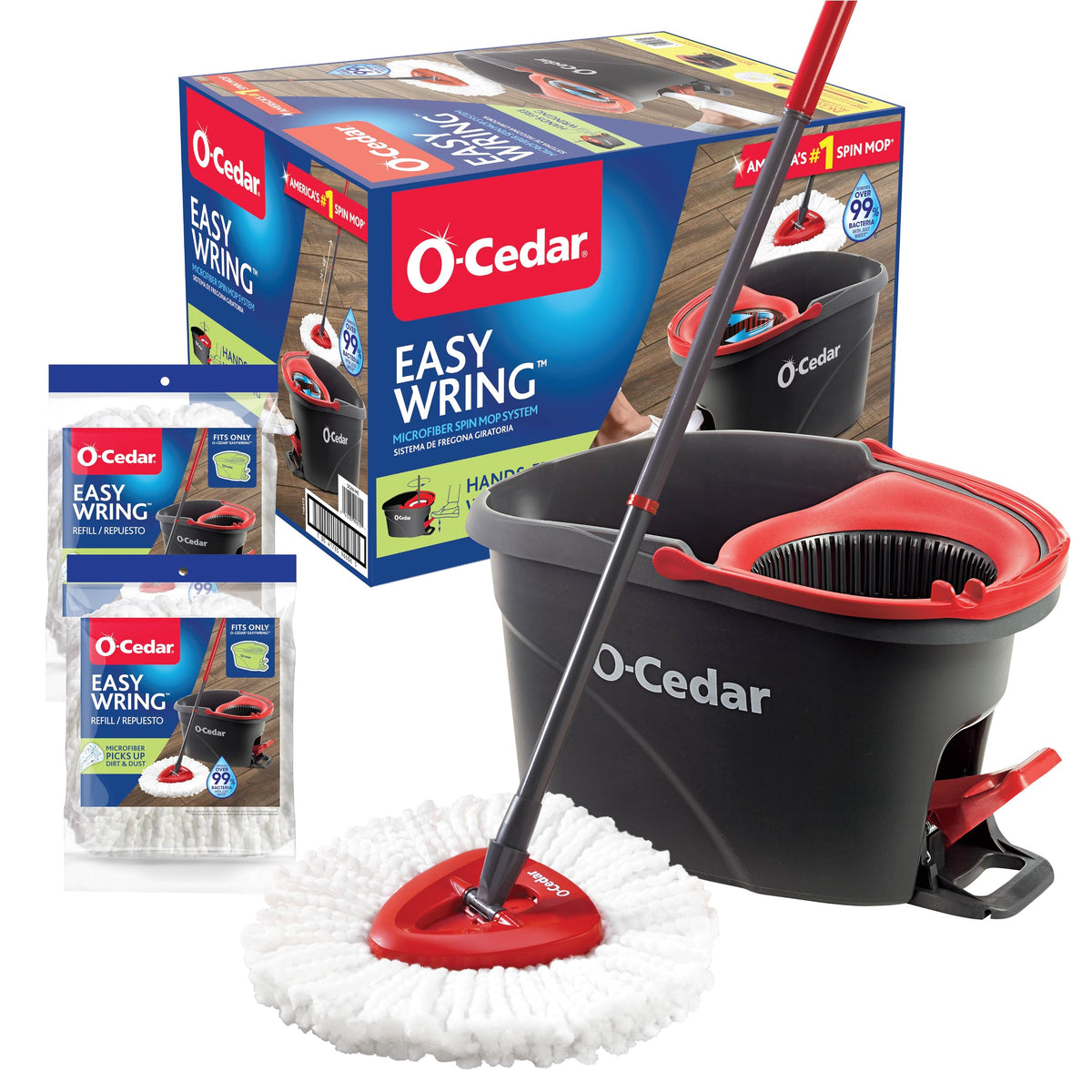 O-Cedar front packaging showing complete spin mop system and benefits