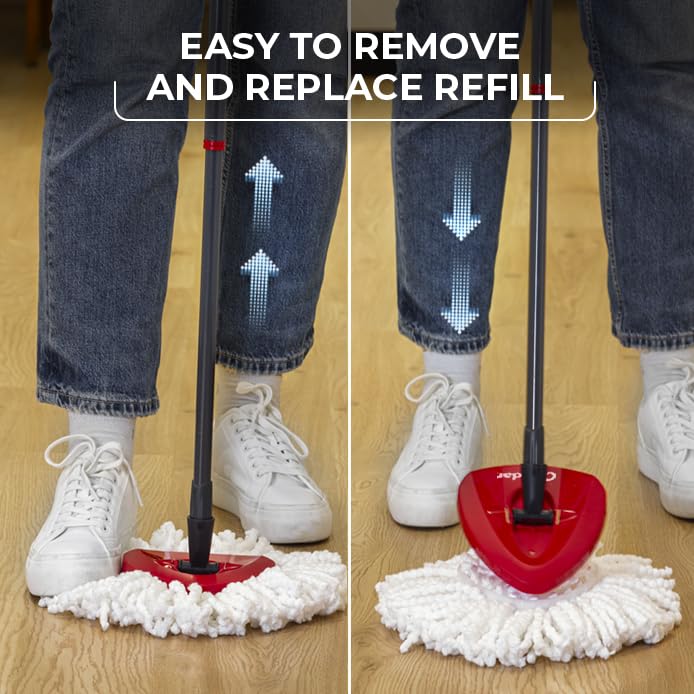 O-Cedar mop reaching under couch to illustrate under-furniture access