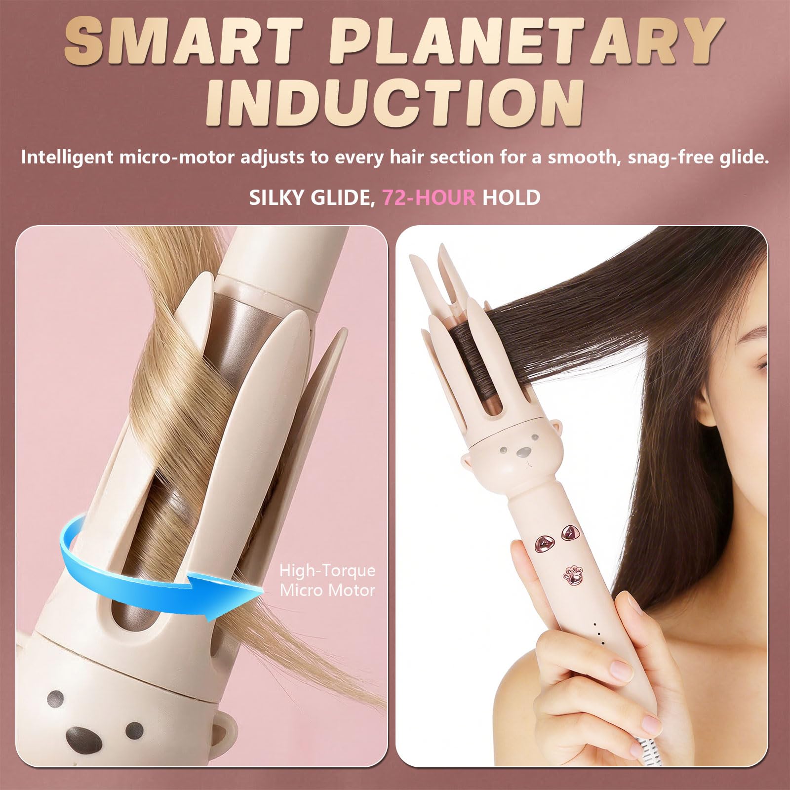 O-CONN PretiHom curling hair on a model demonstrating fast automated waves