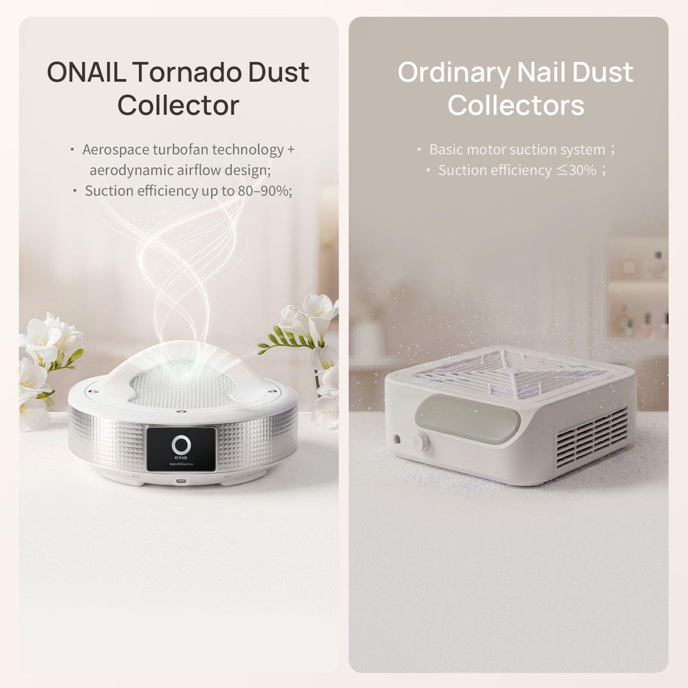 O NAIL in use at a salon station capturing acrylic dust while a technician files nails