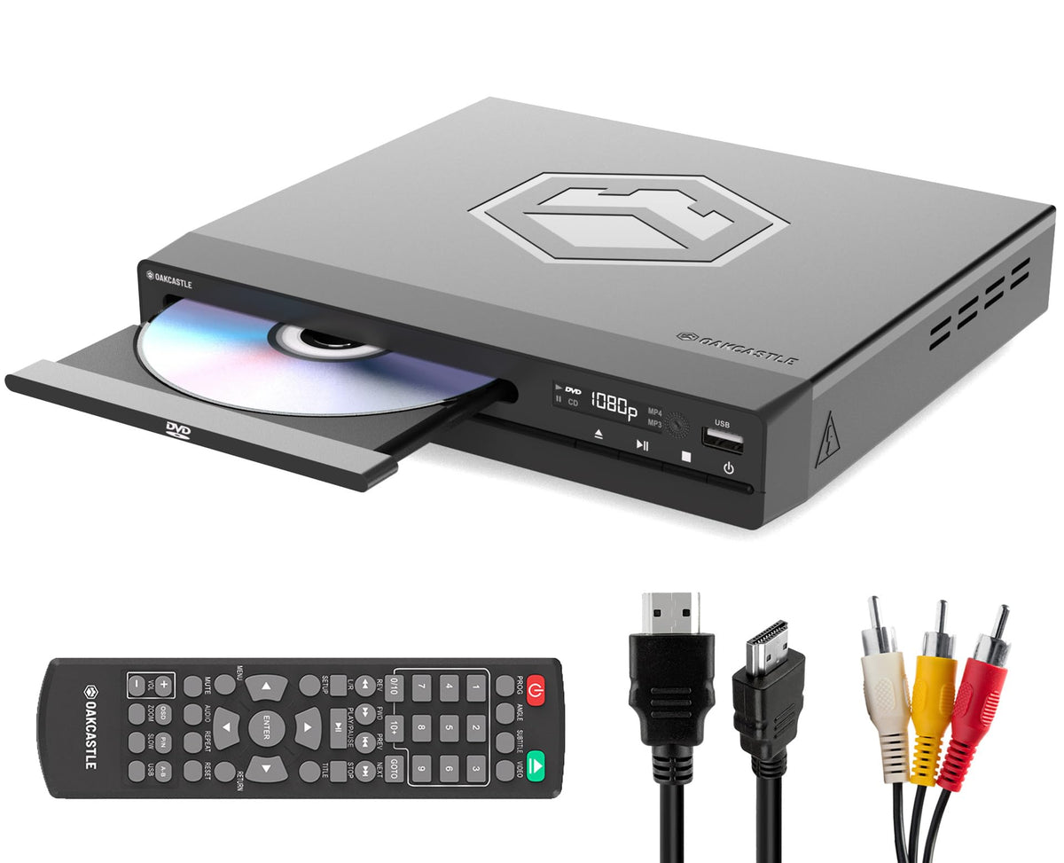 Oakcastle DVD100 front panel view showing disc tray and display for easy use