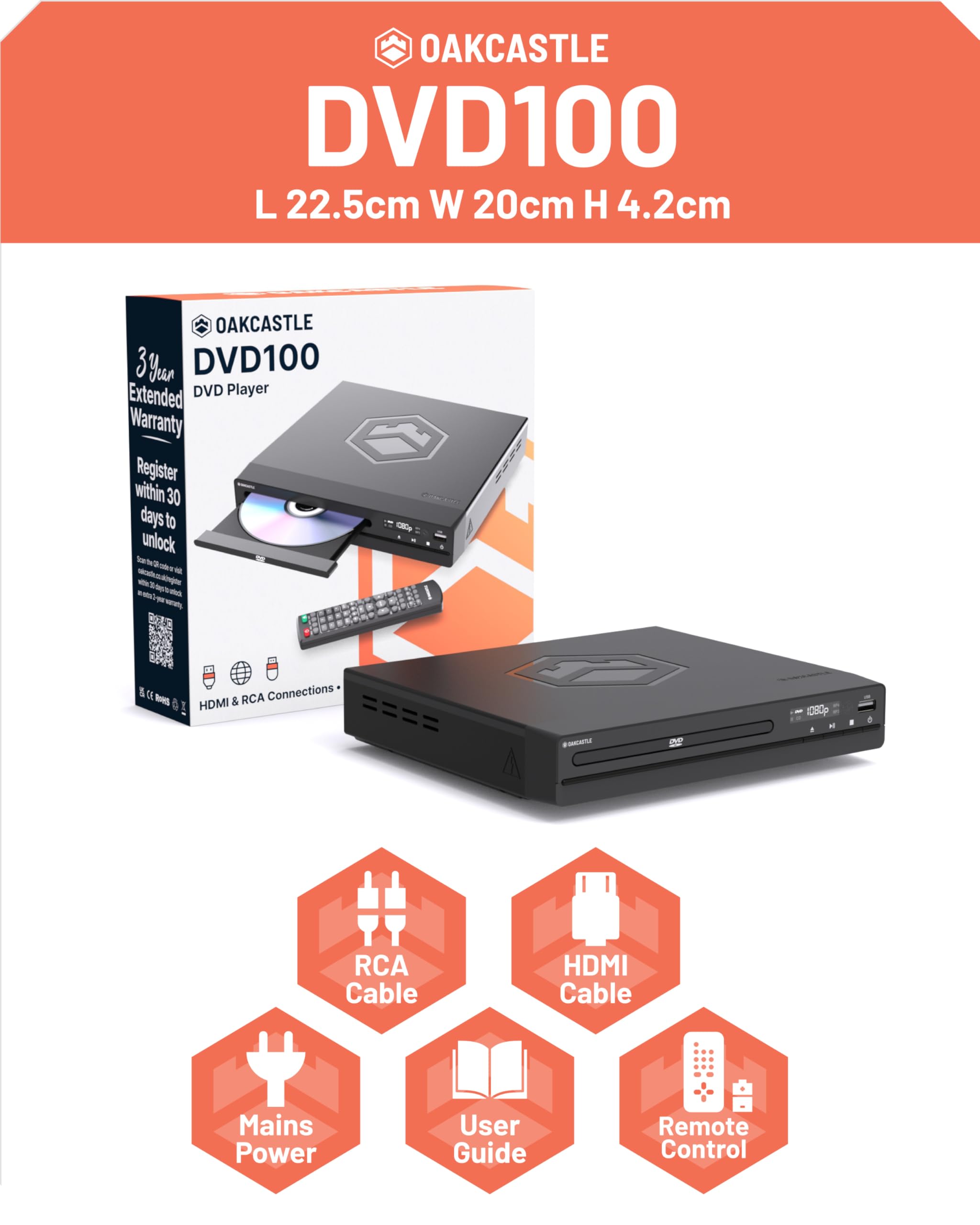 Oakcastle DVD100 connected to a living room TV portraying easy home setup