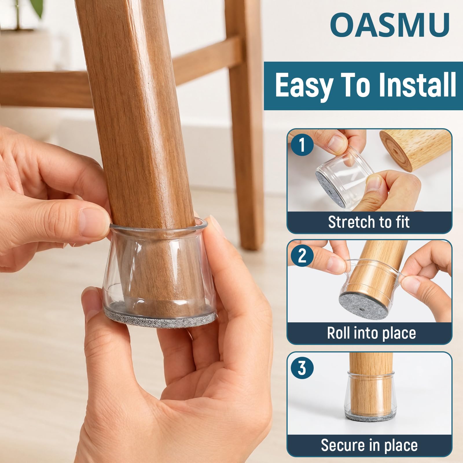 OASMU fitted on a wooden chair leg protecting hardwood and reducing noise
