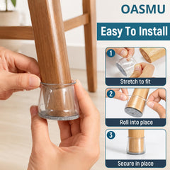 OASMU fitted on a wooden chair leg protecting hardwood and reducing noise