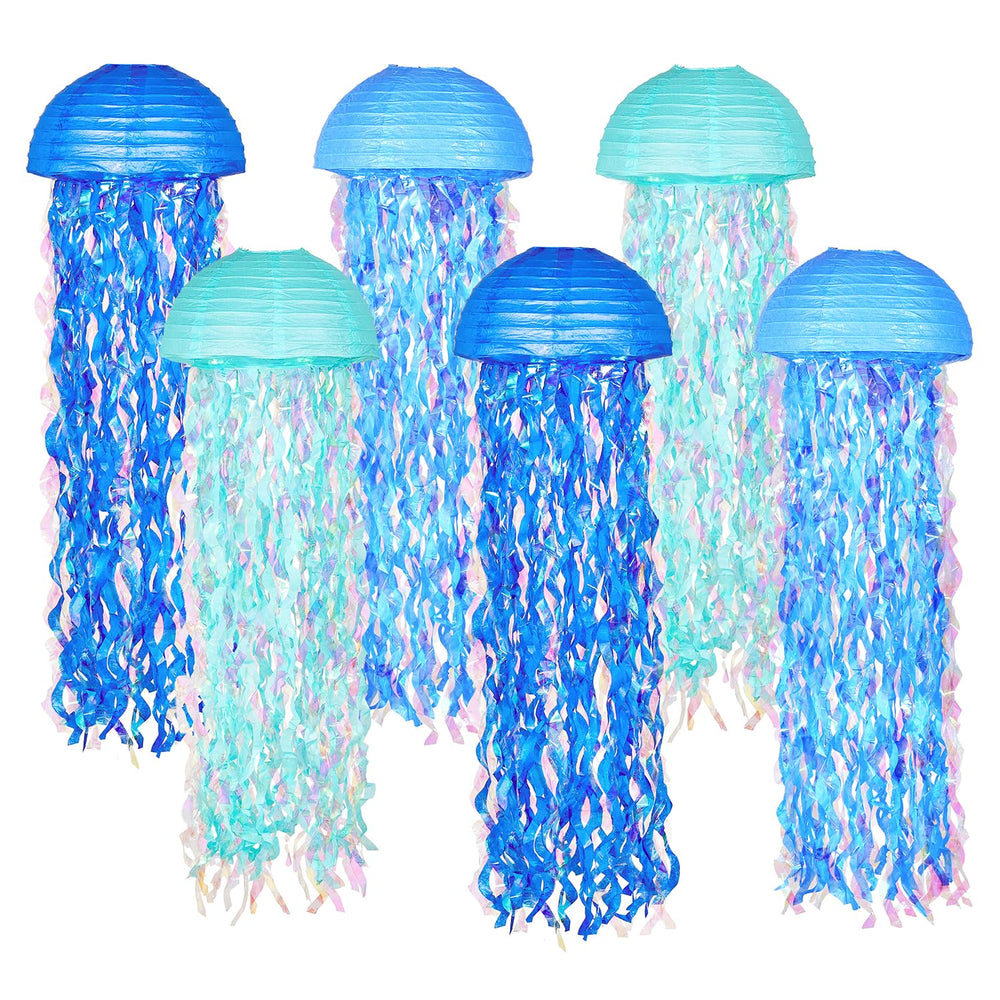 OBXT front view of six blue jellyfish lanterns showing product and pack benefit