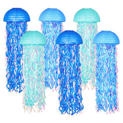 OBXT front view of six blue jellyfish lanterns showing product and pack benefit