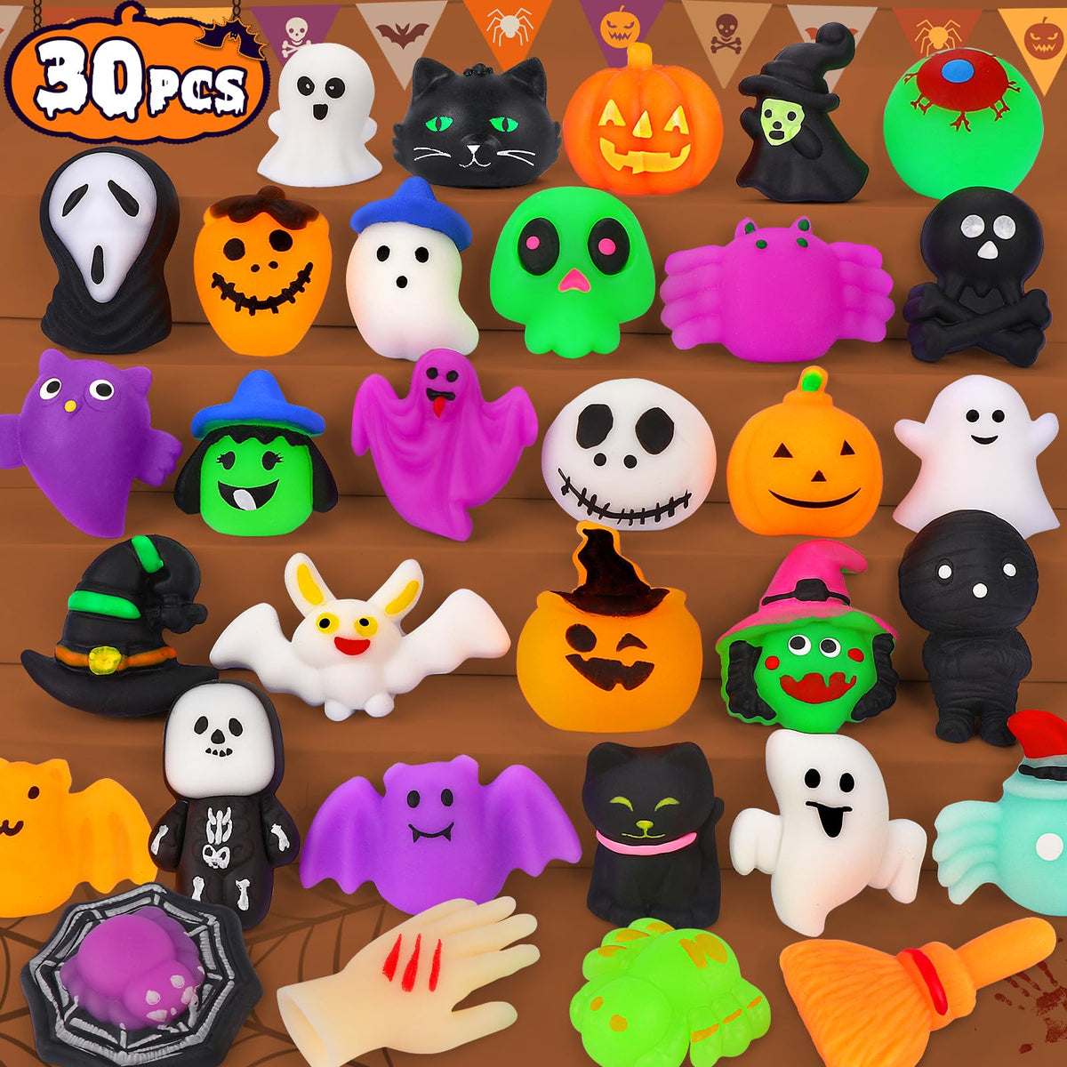OCATO front packaging showing thirty assorted Halloween squishy toys, ready for parties