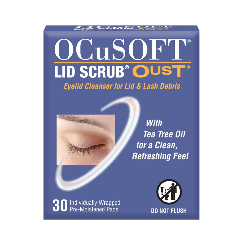 OCuSOFT pack front view showing clean branding and 30 pads for convenient cleansing