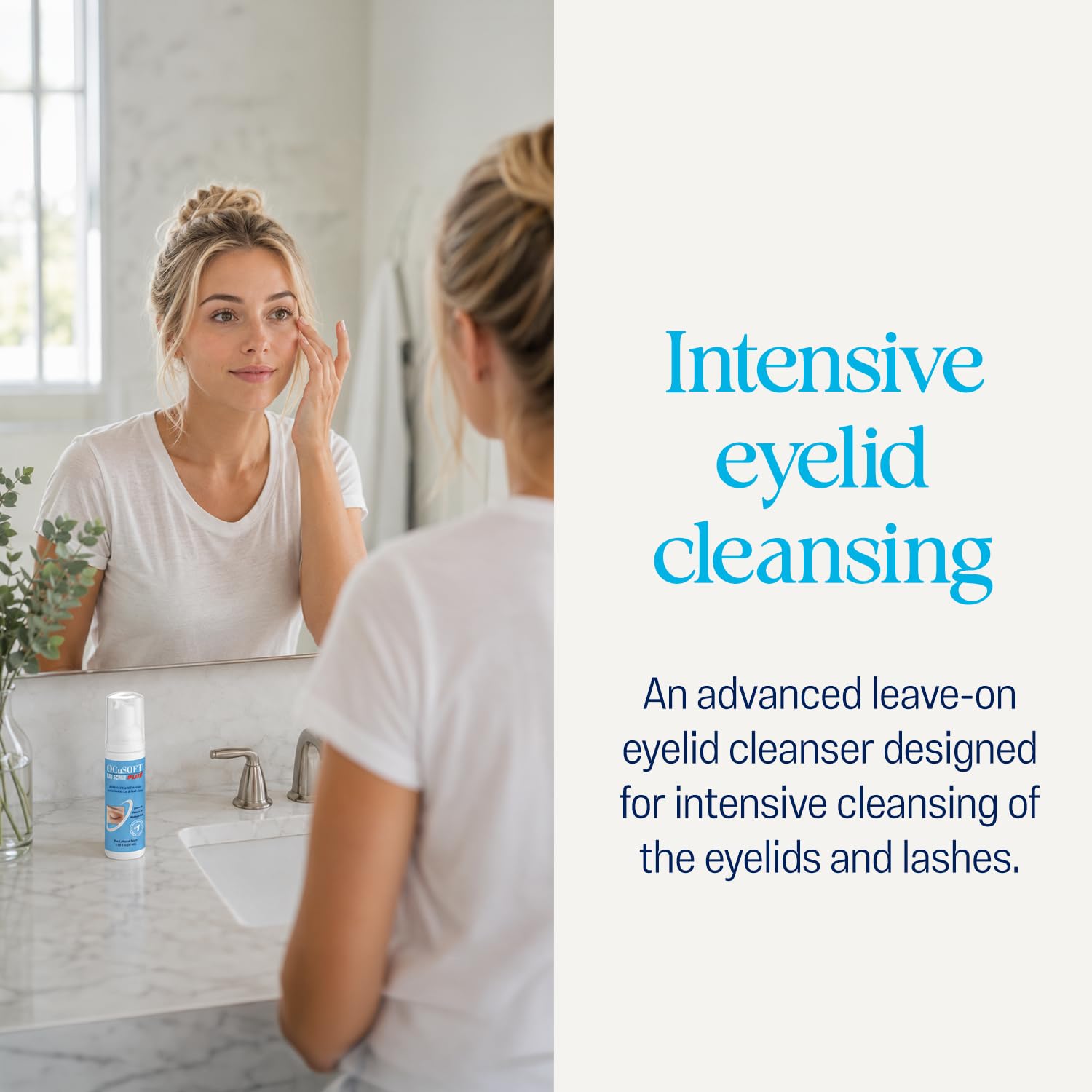 OCuSOFT Lid Scrub PLUS white foam texture close-up demonstrating mild, non-irritating lather