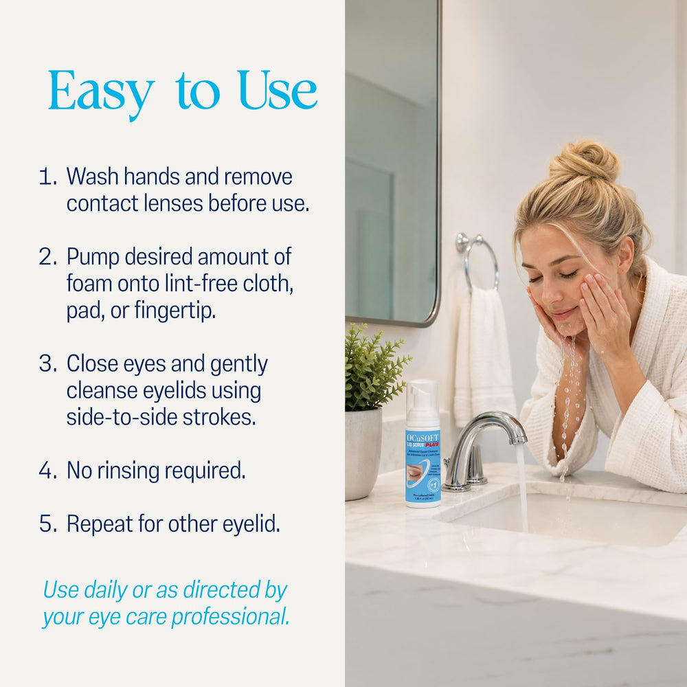 Person applying OCuSOFT Lid Scrub PLUS foam to eyelid with cotton pad for gentle cleansing
