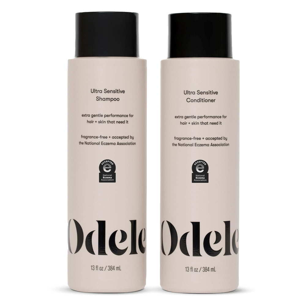 Odele front packaging showing shampoo and conditioner, gentle cleansing benefit