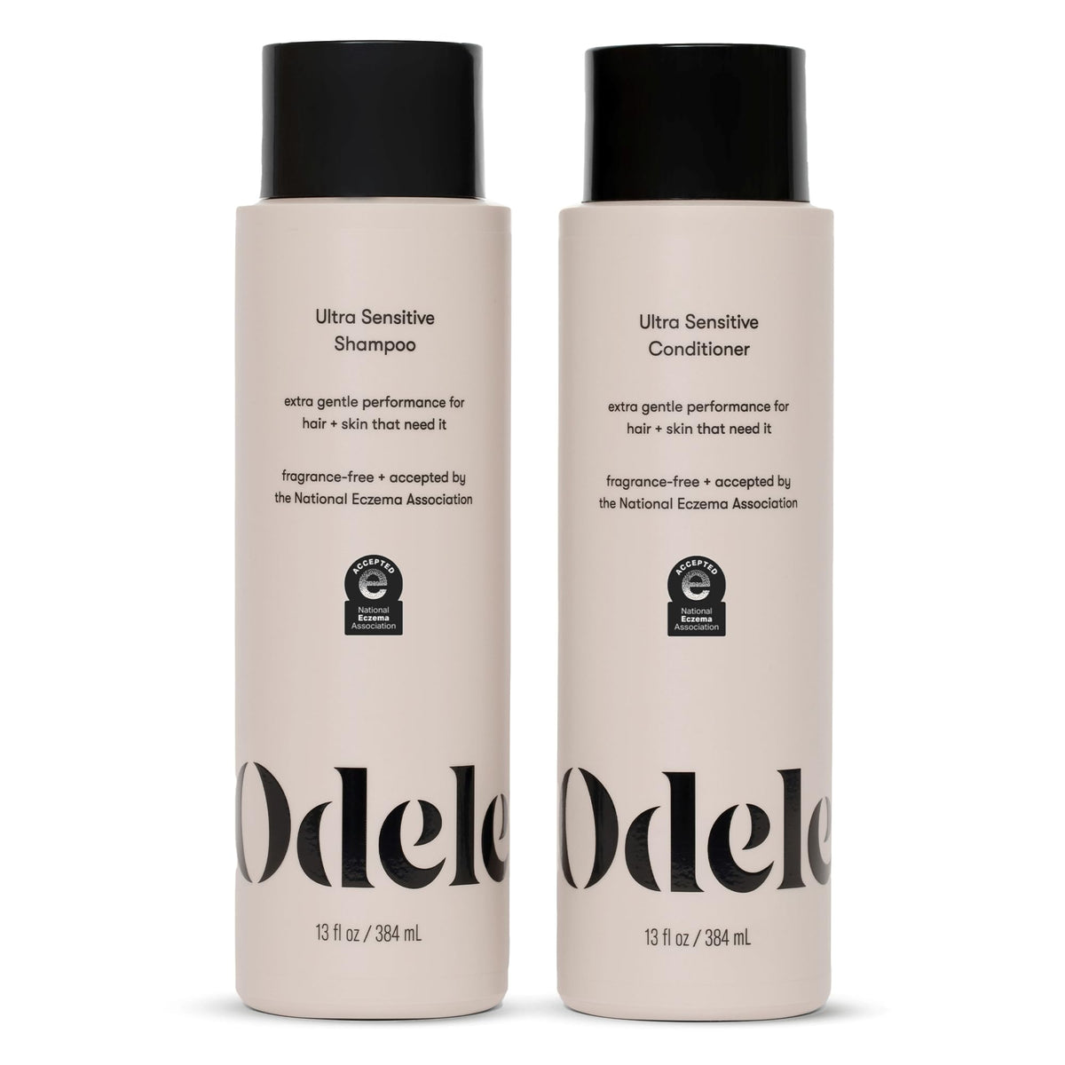 Odele front packaging showing shampoo and conditioner, gentle cleansing benefit