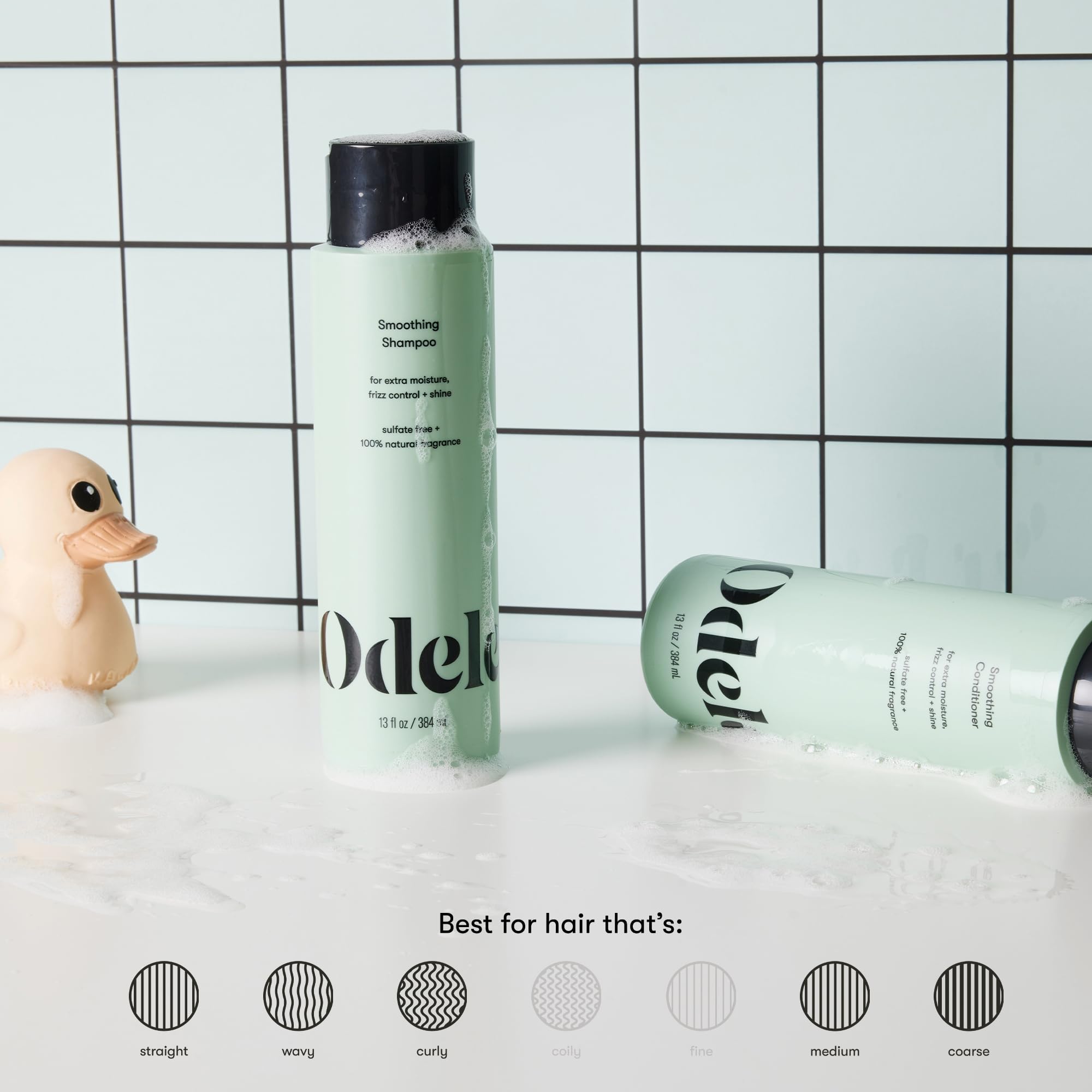 Odele shampoo being dispensed in bathroom showing gentle cleansing in use