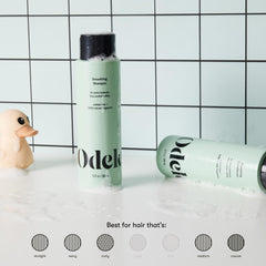 Odele shampoo being dispensed in bathroom showing gentle cleansing in use