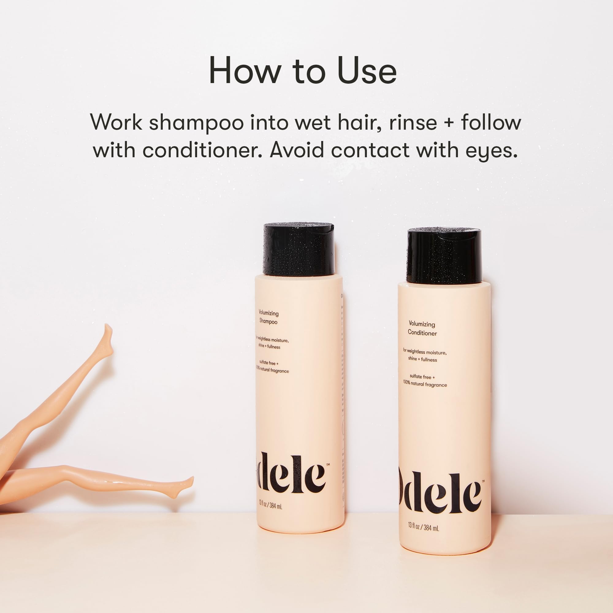 Odele shampoo and conditioner on bath shelf showing convenient pairing benefit