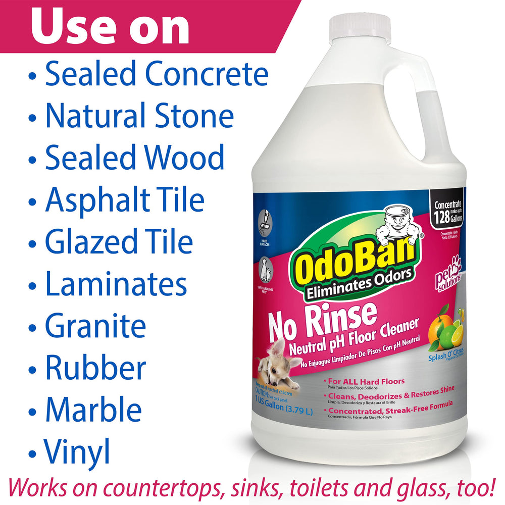 Mopping a kitchen floor with OdoBan shows effective pet soil and odor removal