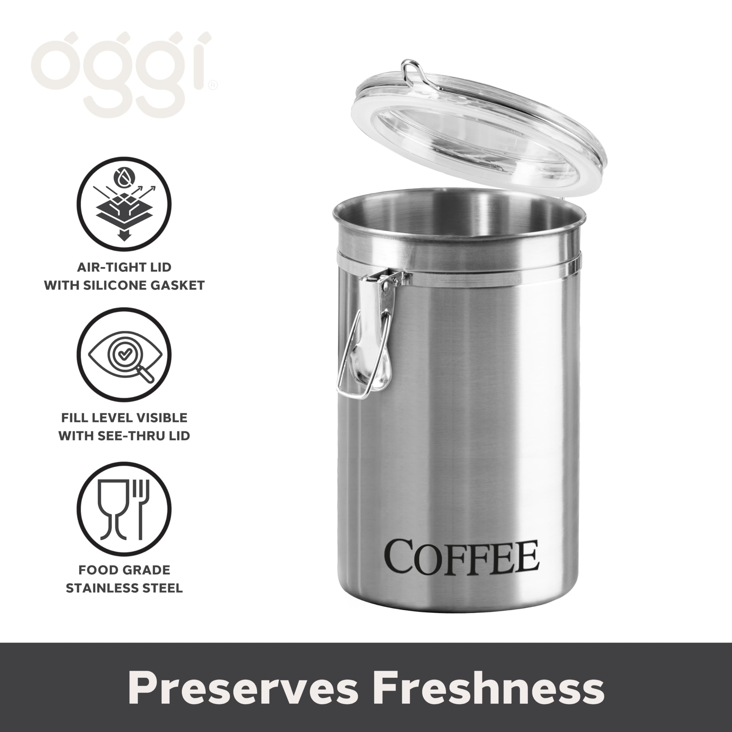 Oggi canister size comparison next to mug showing compact footprint and ample storage