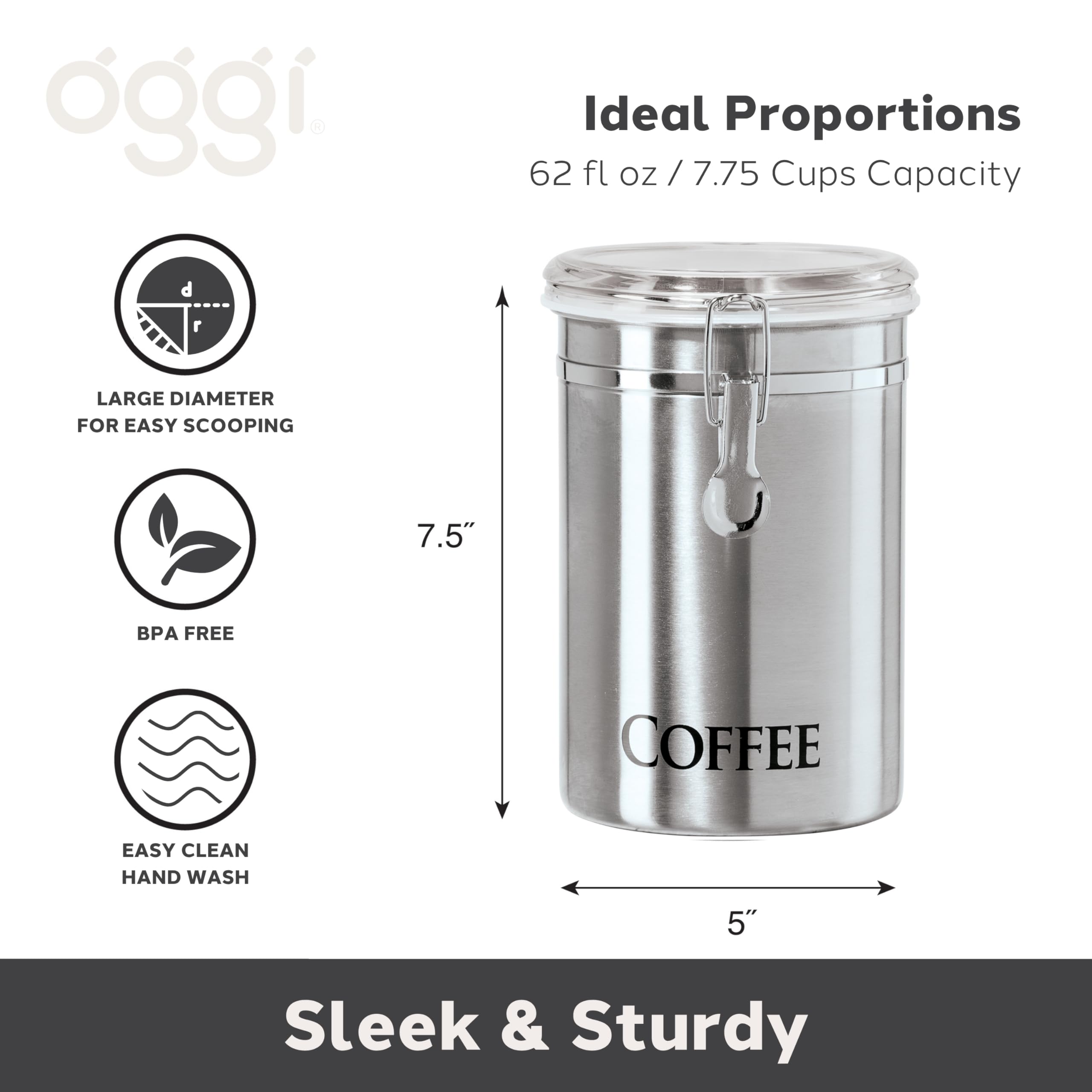 Oggi coffee canister clear top closeup displays visibility of beans and convenience