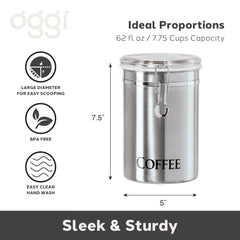 Oggi coffee canister clear top closeup displays visibility of beans and convenience