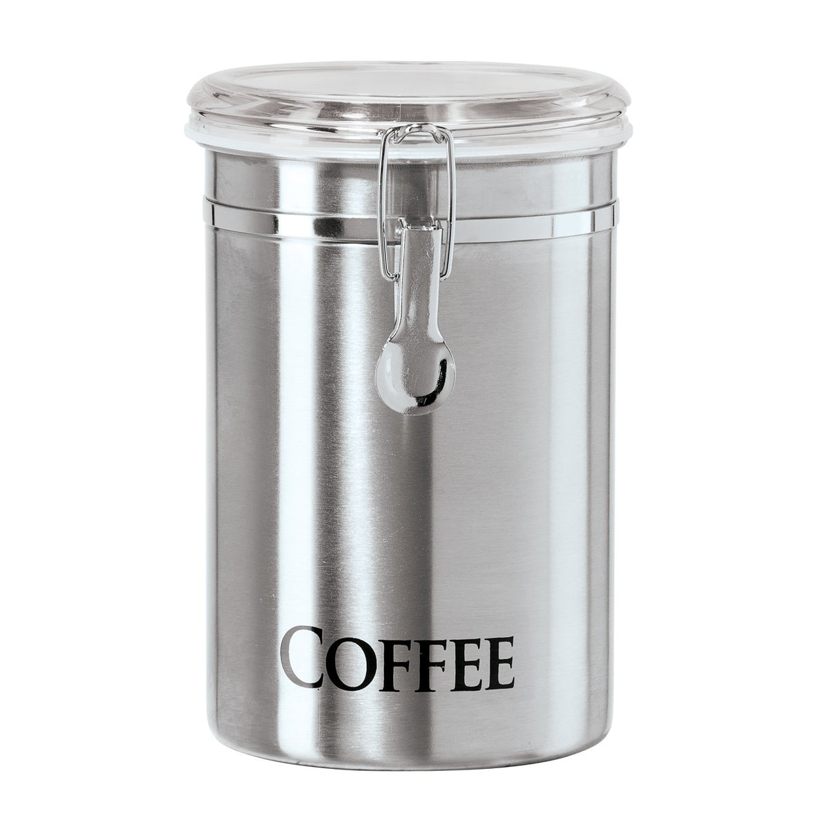 Oggi stainless coffee canister front view shows sleek label and durable design