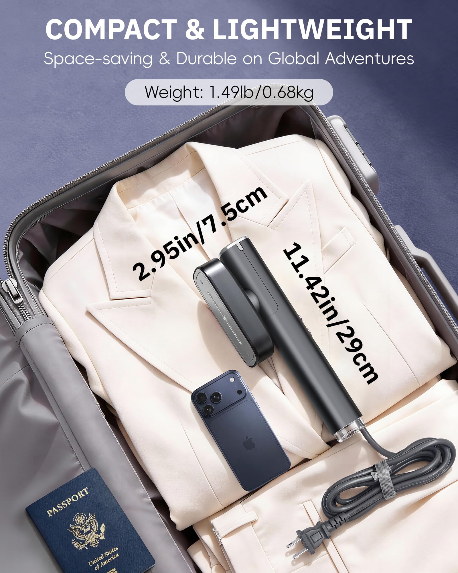 OGHom handheld beside a passport and charger to show compact travel size