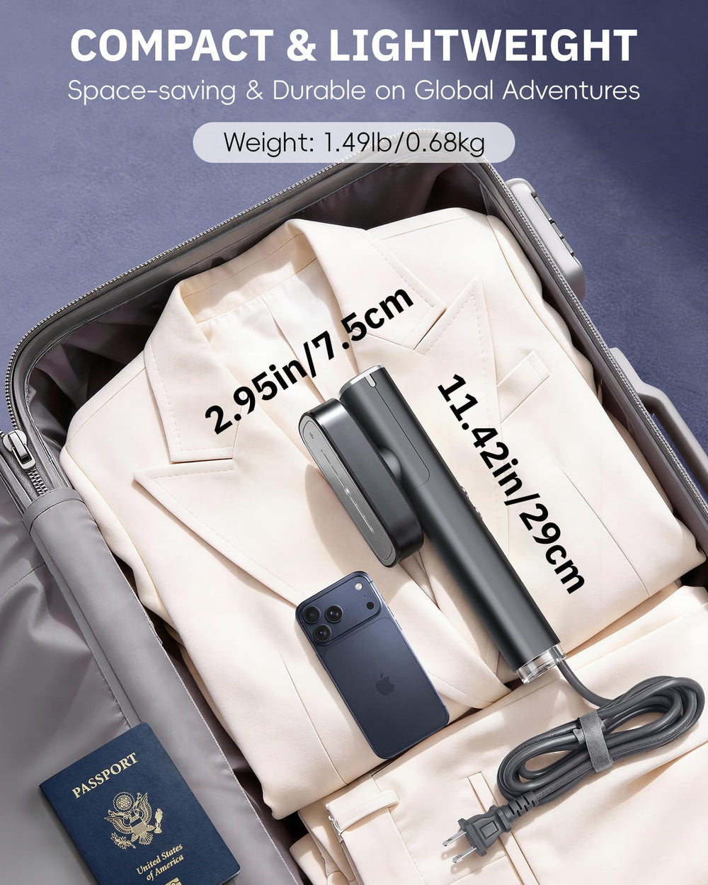 OGHom handheld beside a passport and charger to show compact travel size