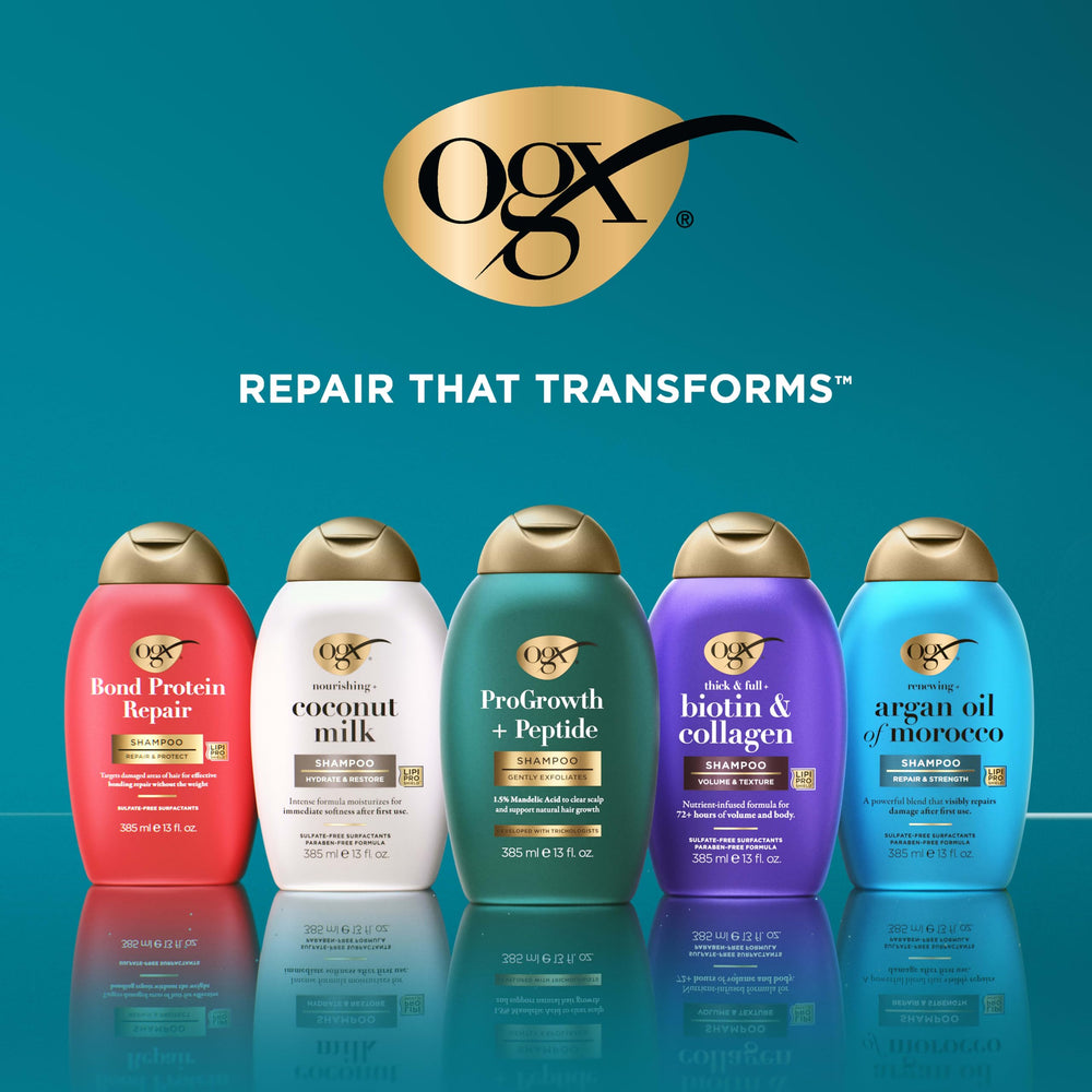OGX coconut milk bottles in shower setting showing easy daily use and moisturizing result