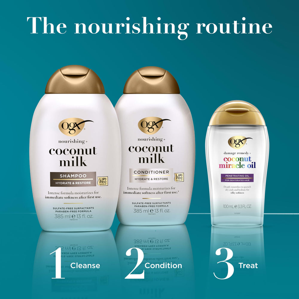 OGX coconut milk bottles size comparison next to hand showing generous 25.4 fl oz supply