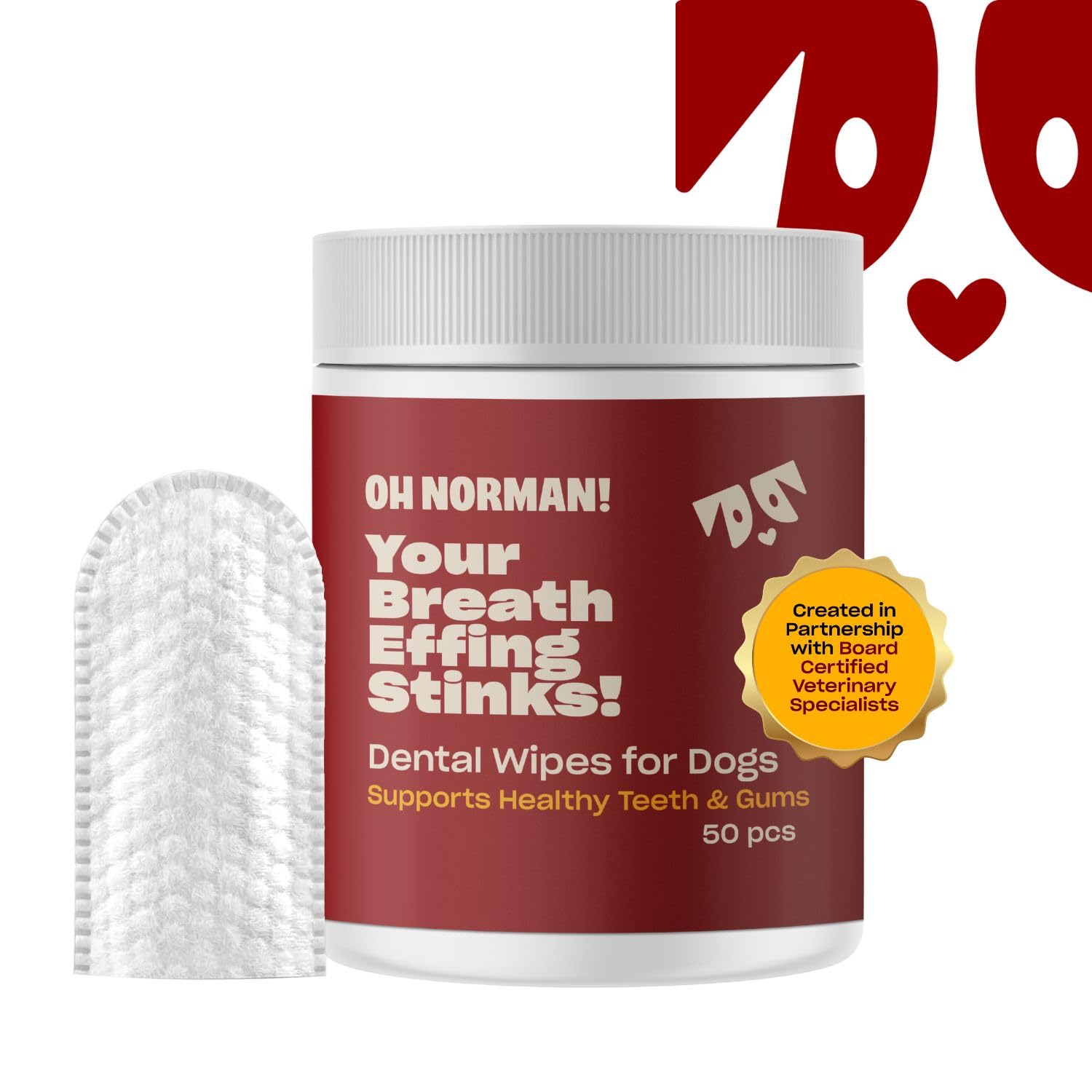 OH NORMAN! ingredients label with peppermint and green tea, shows vet-developed formula