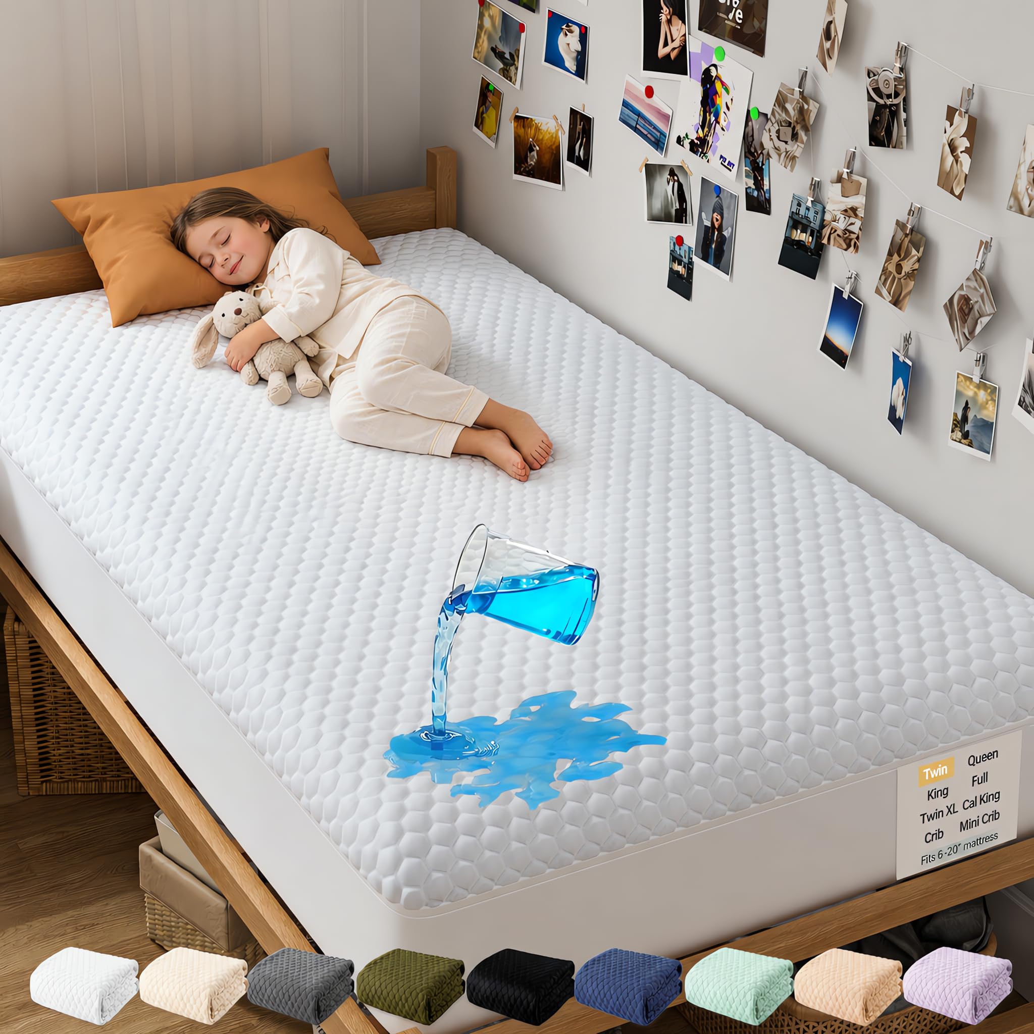 OhGeni front view on twin mattress showing snug fit and protection