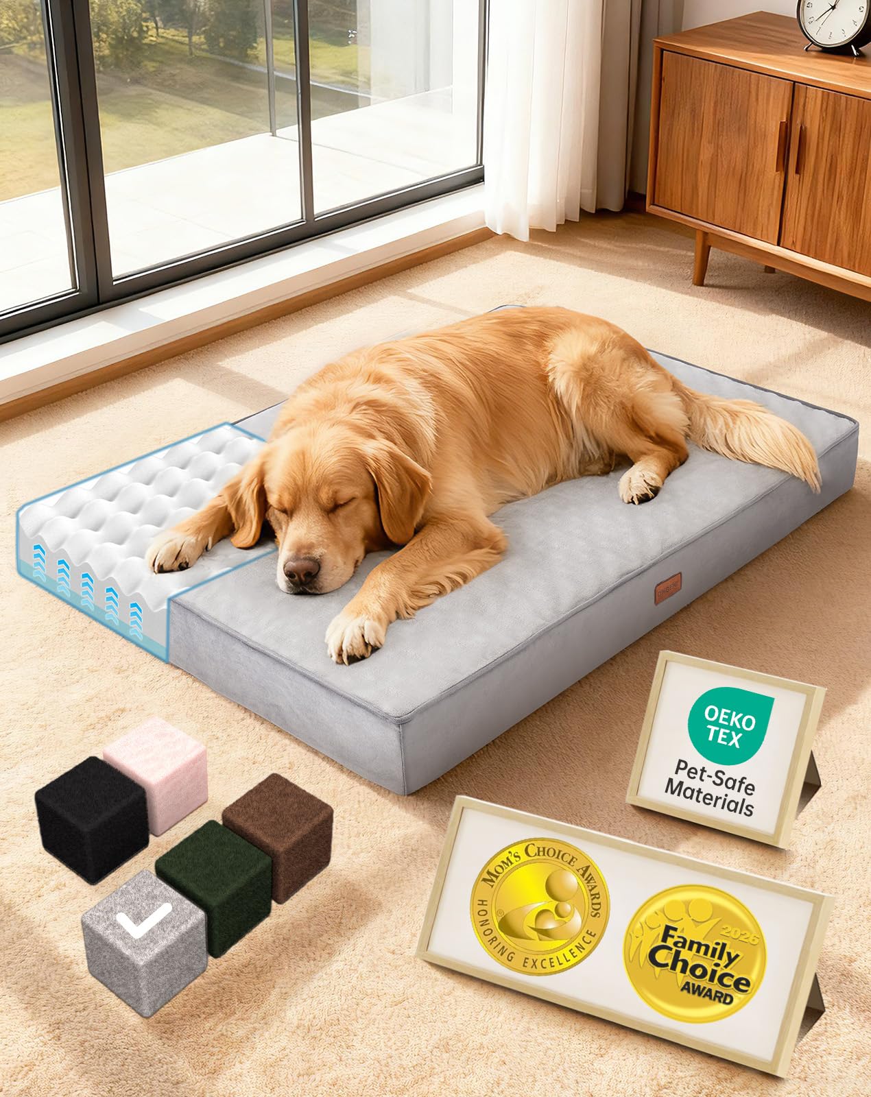OhGeni large dog bed front view showing full 41-inch mattress for comfort