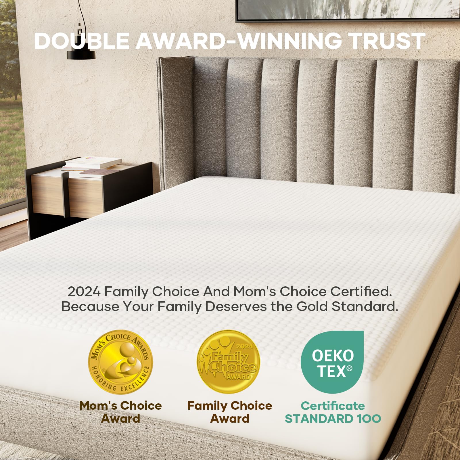 OhGeni lifestyle image with pets on bed showing stain defense and easy cleanup