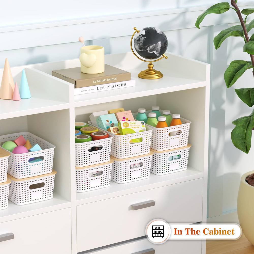 Ohmlove basket in pantry storing snacks and jars, enhancing kitchen organization