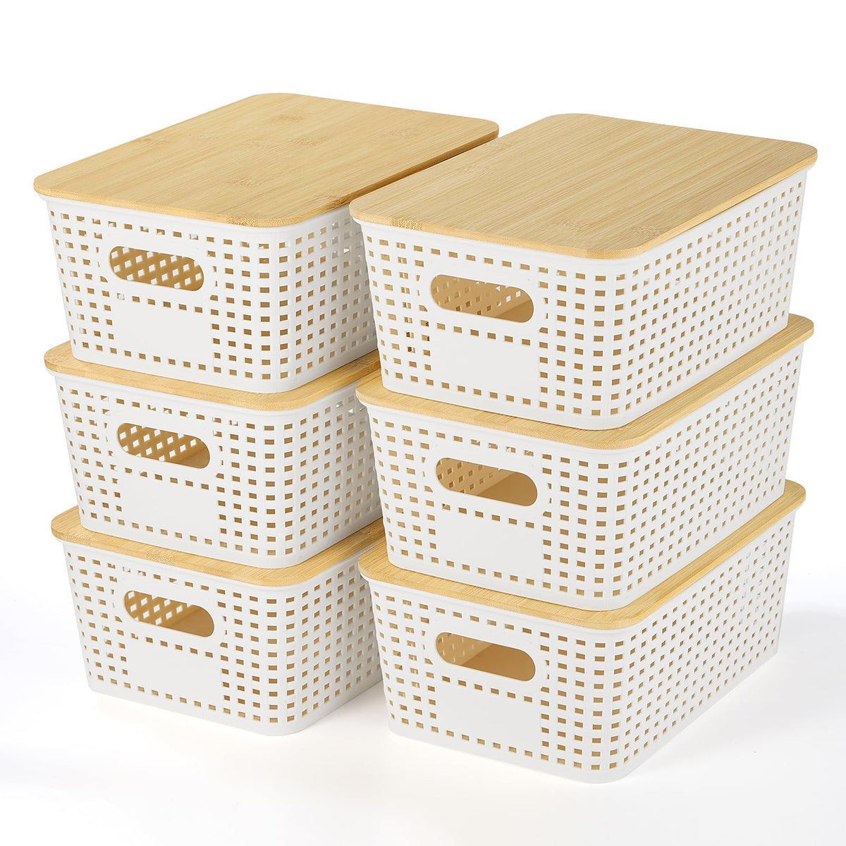 Ohmlove front view of six-pack storage baskets with bamboo lids showing tidy presentation and style