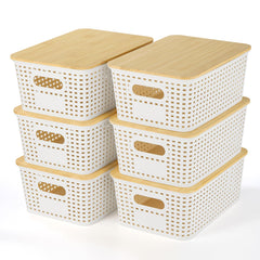 Ohmlove front view of six-pack storage baskets with bamboo lids showing tidy presentation and style