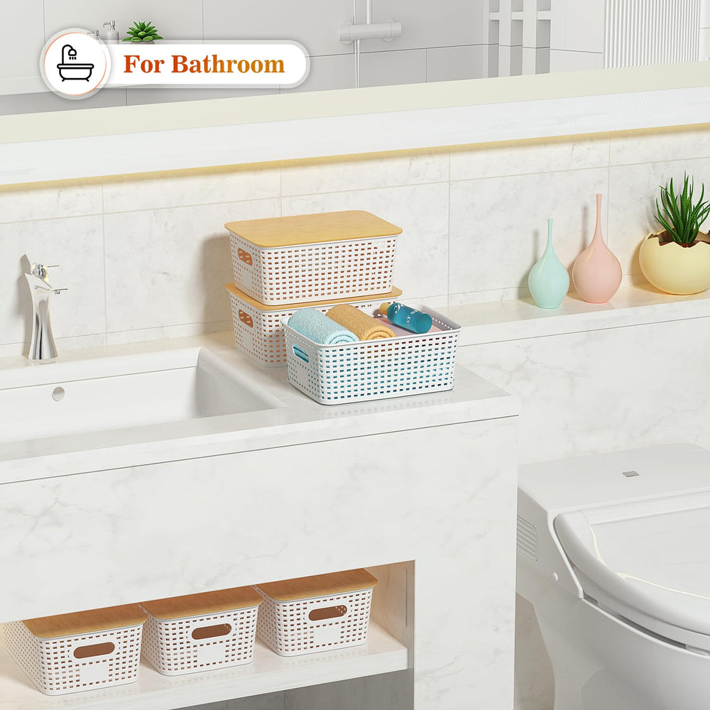 Ohmlove stacked baskets on a shelf maximizing vertical space and neat storage