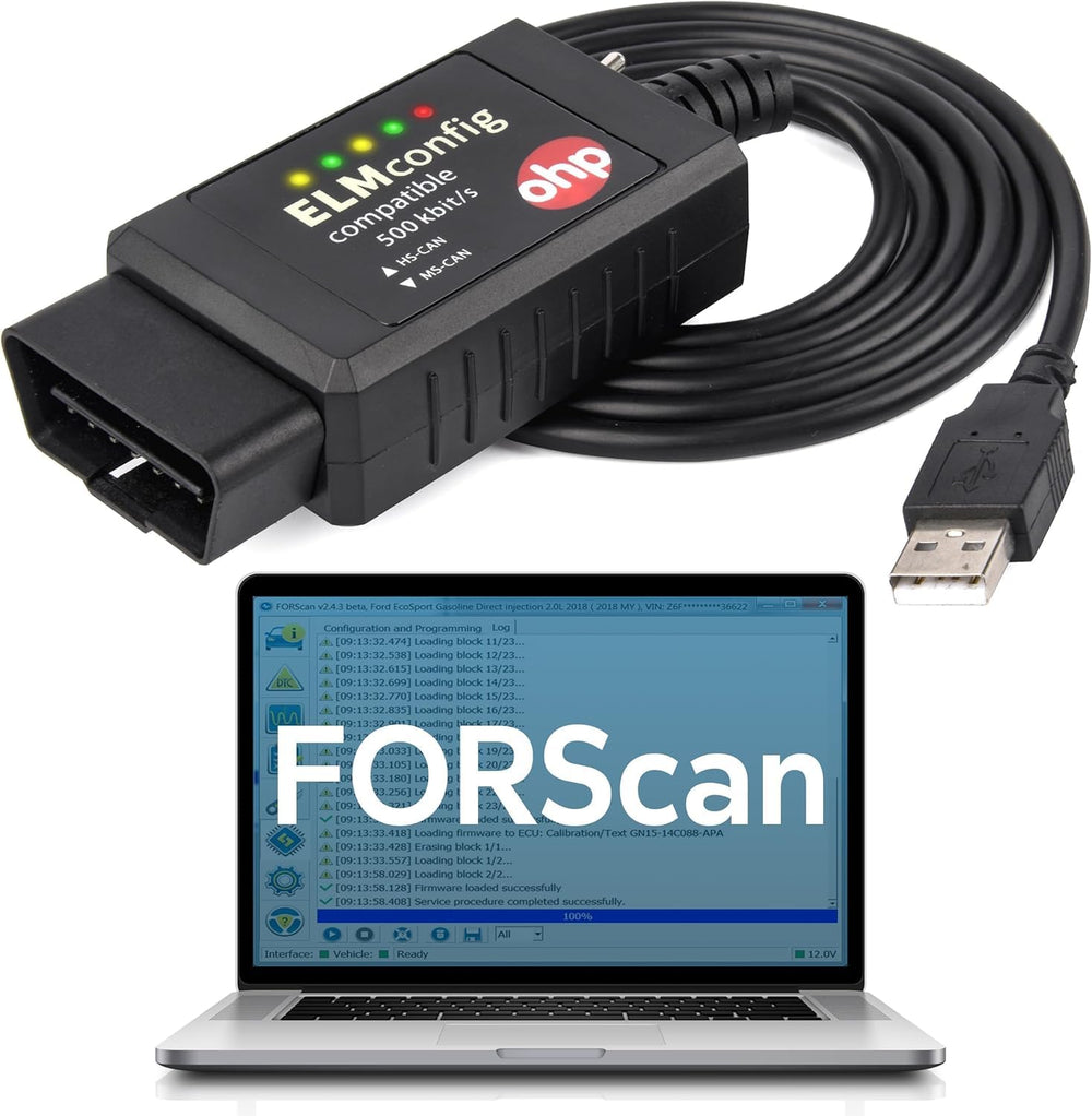 OHP front view of ELM327 USB cable showing compact diagnostic design and reliability