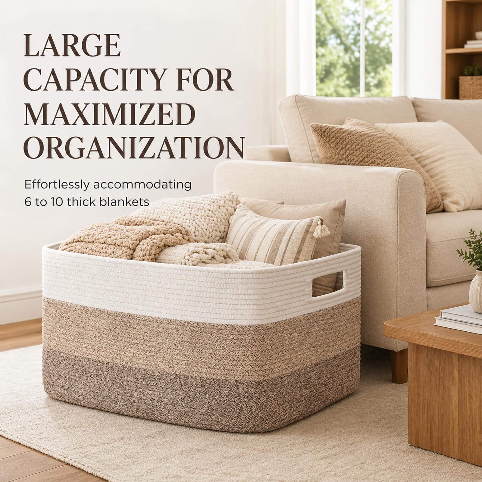OIAHOMY basket filled with blankets beside sofa adding tidy decor