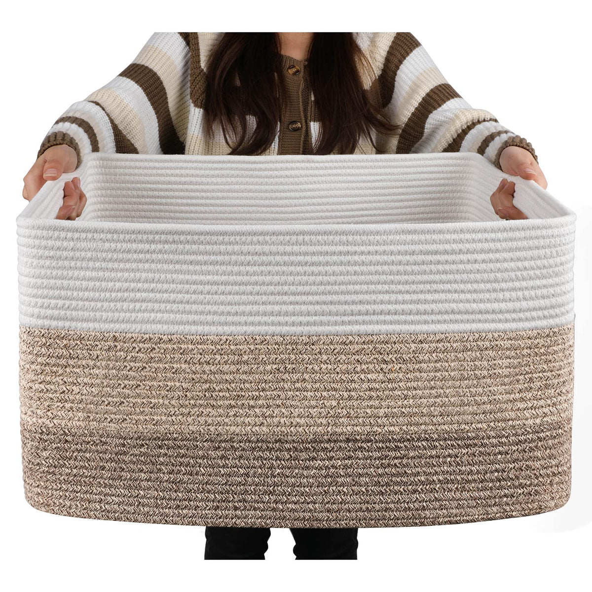 OIAHOMY front view blanket basket showing capacity and stylish gradient brown
