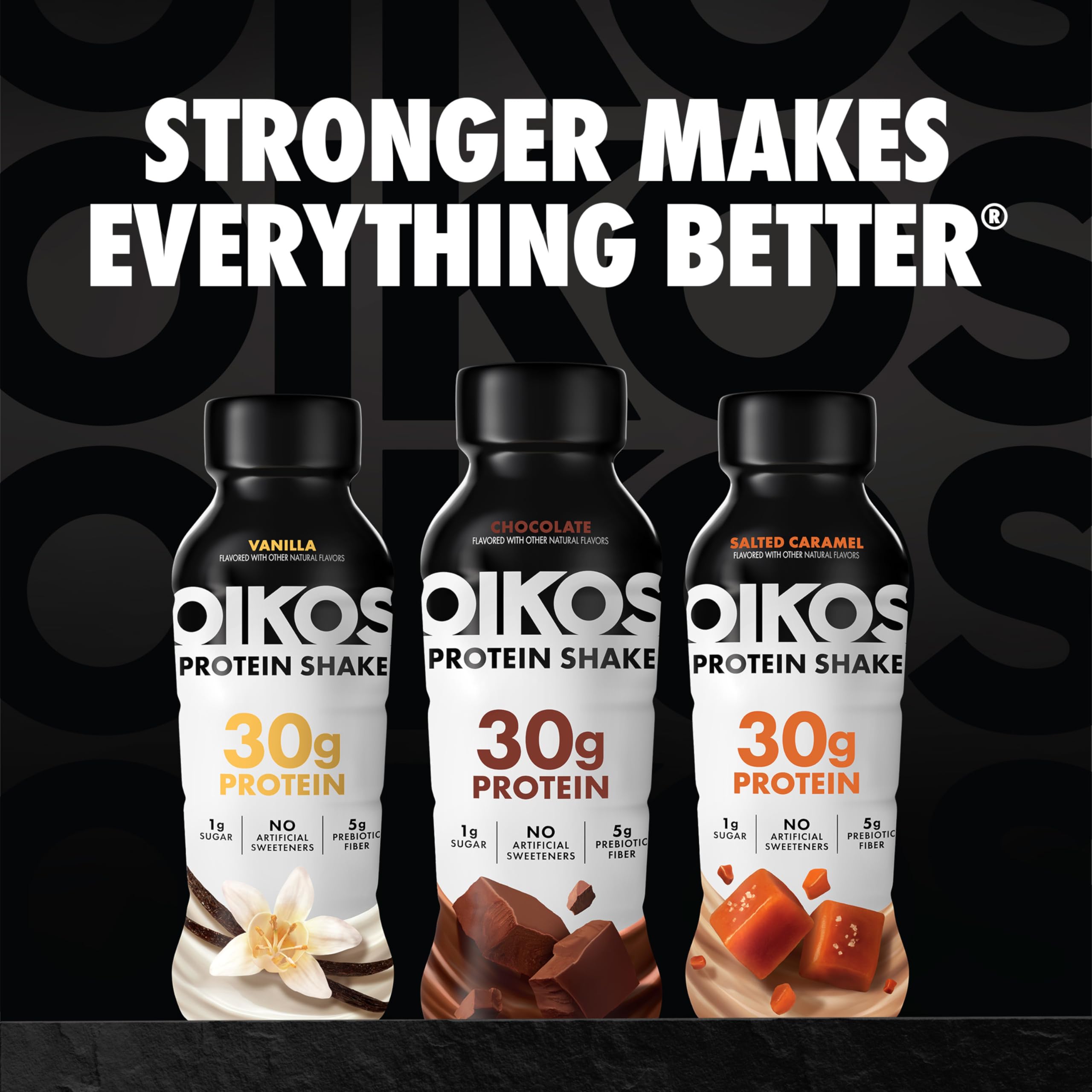 Oikos bottle on a desk with laptop indicating quick office nutrition