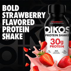Oikos protein shake poured into a glass showing creamy texture and flavor