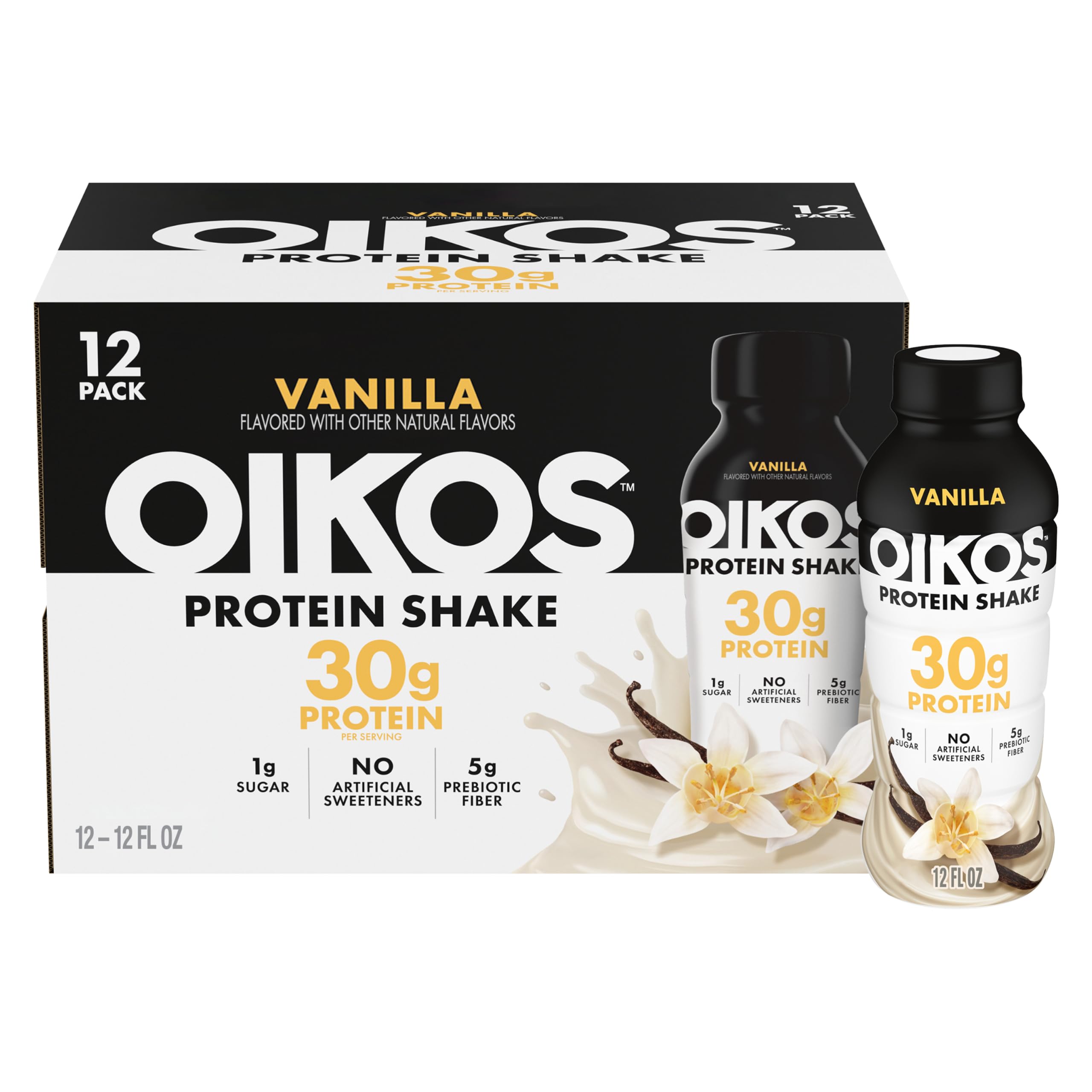 Oikos vanilla front packaging showing bottle and benefits
