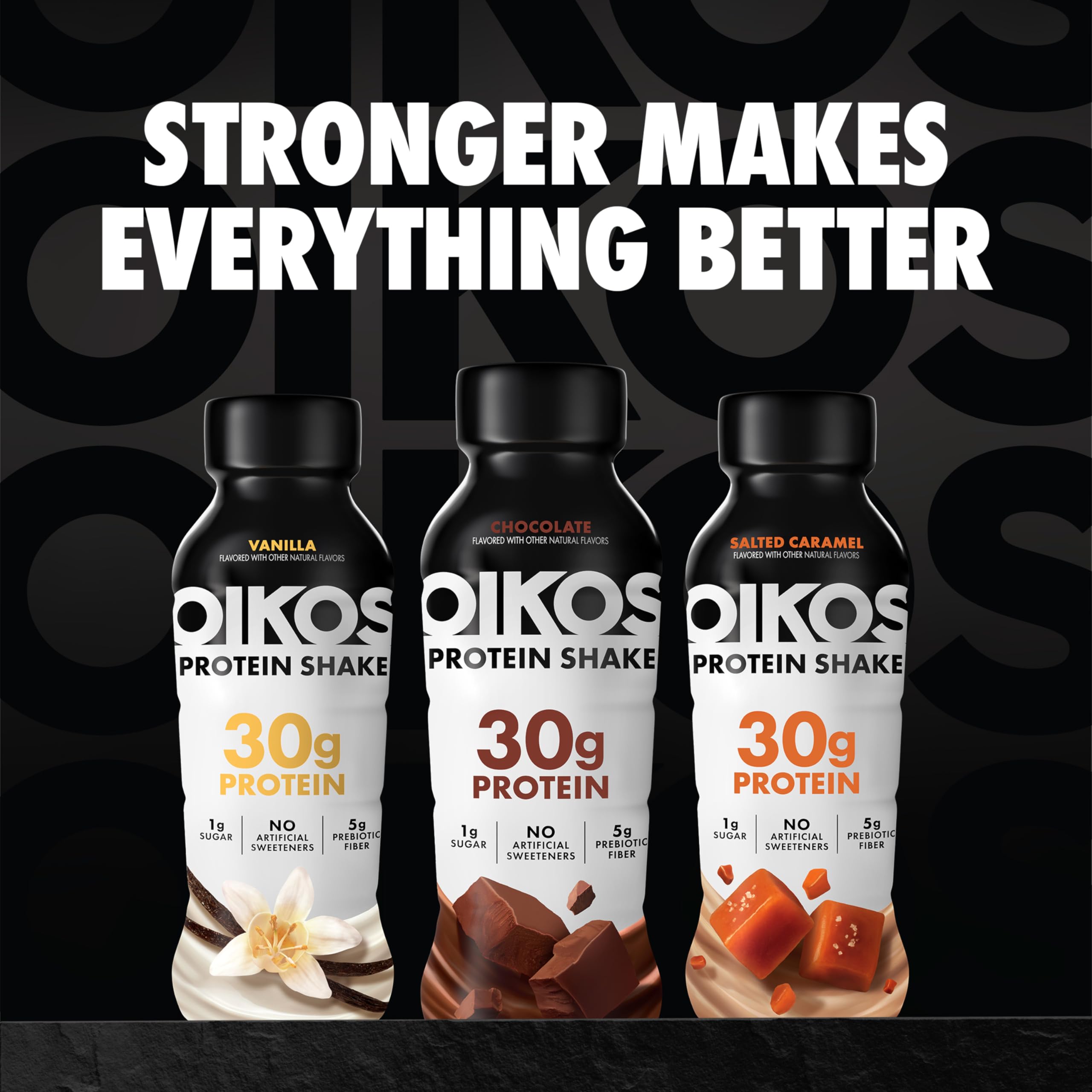 Oikos bottle beside dumbbells demonstrating workout recovery use