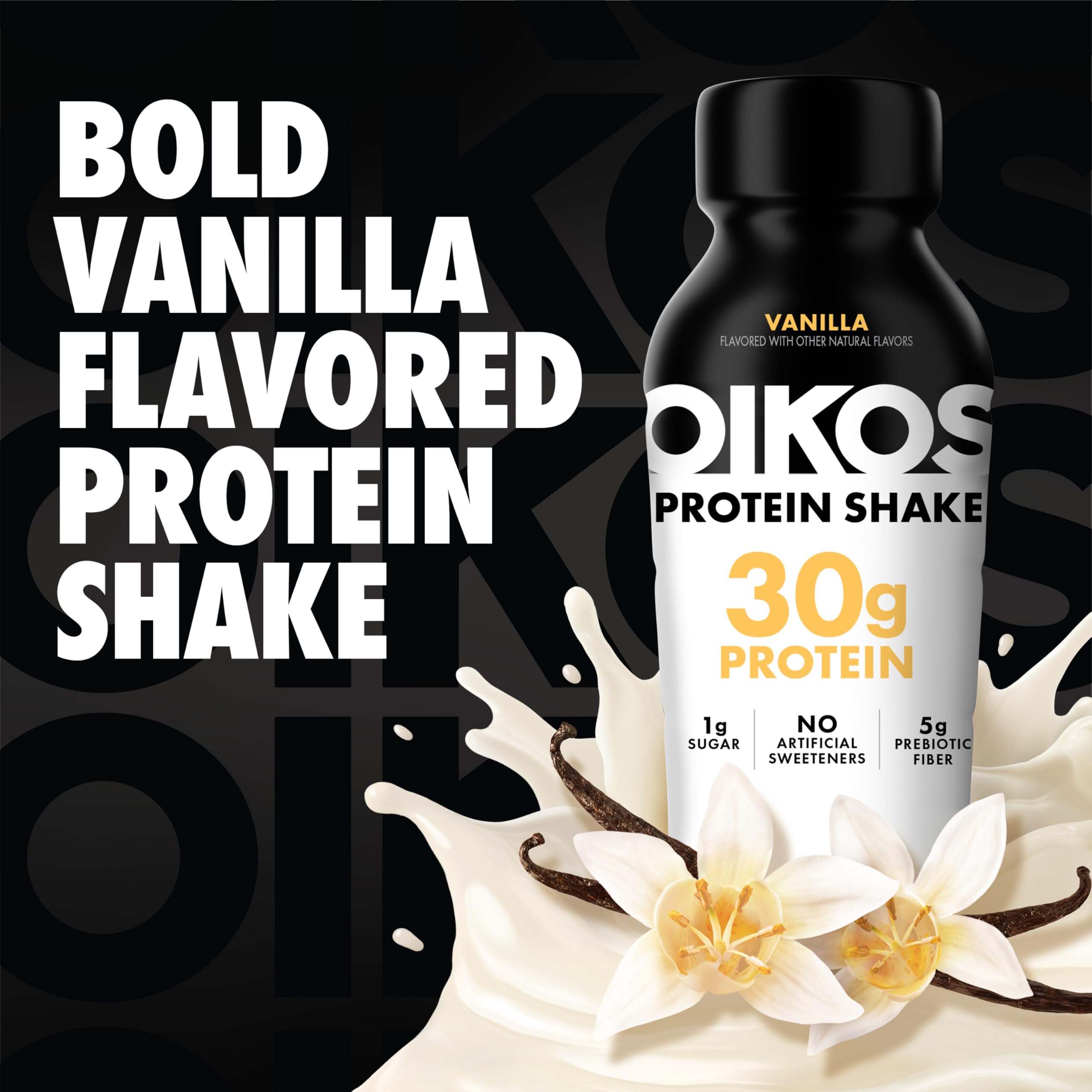 Oikos vanilla pouring into a glass to show creamy texture