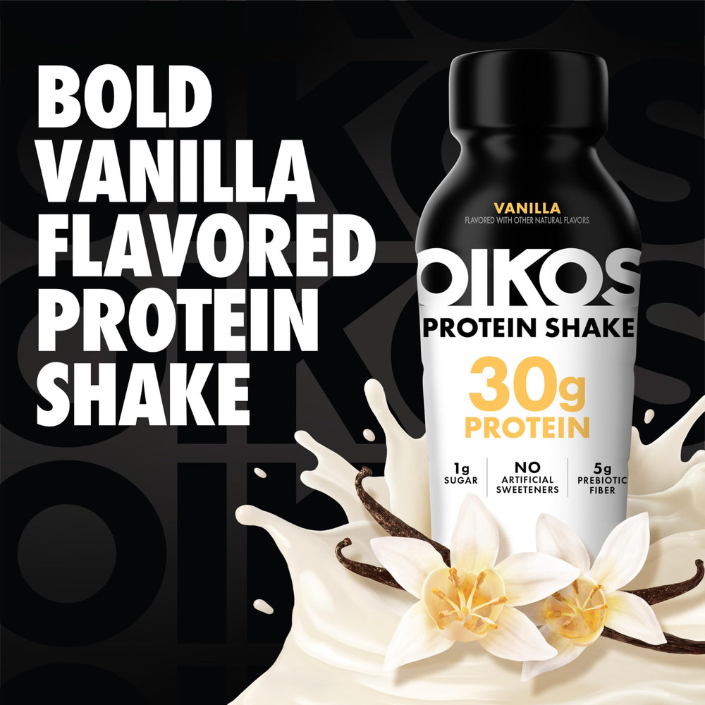 Oikos vanilla pouring into a glass to show creamy texture