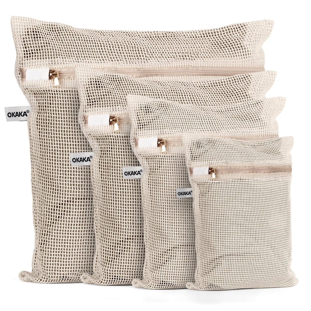 OKAKA front view of four cotton mesh bags showing sizes and natural color benefit