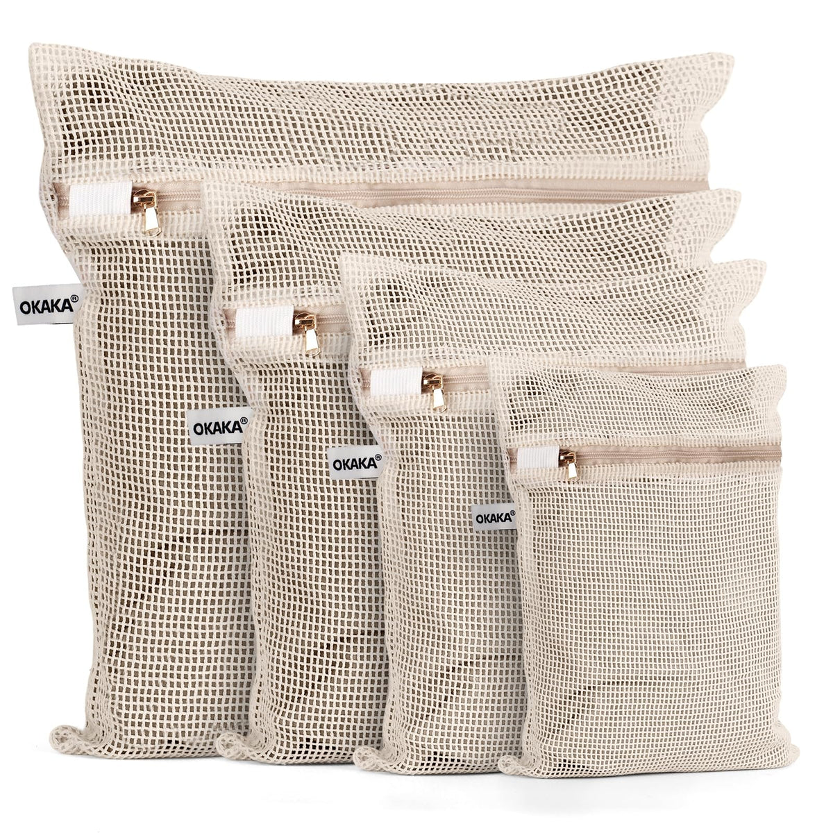 OKAKA front view of four cotton mesh bags showing sizes and natural color benefit