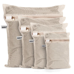 OKAKA front view of four cotton mesh bags showing sizes and natural color benefit
