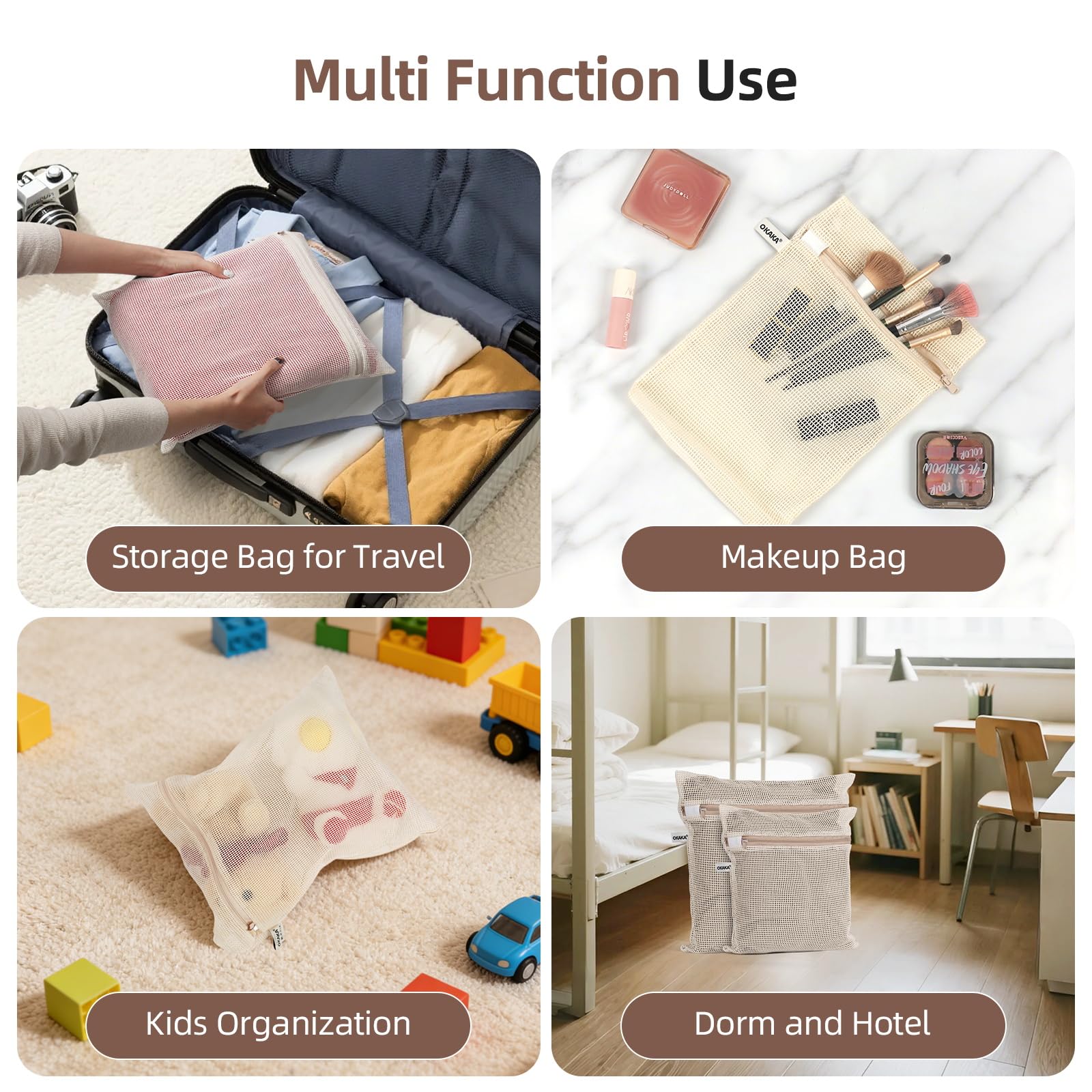 OKAKA bags in a laundry room scene showing organized care and ease of use