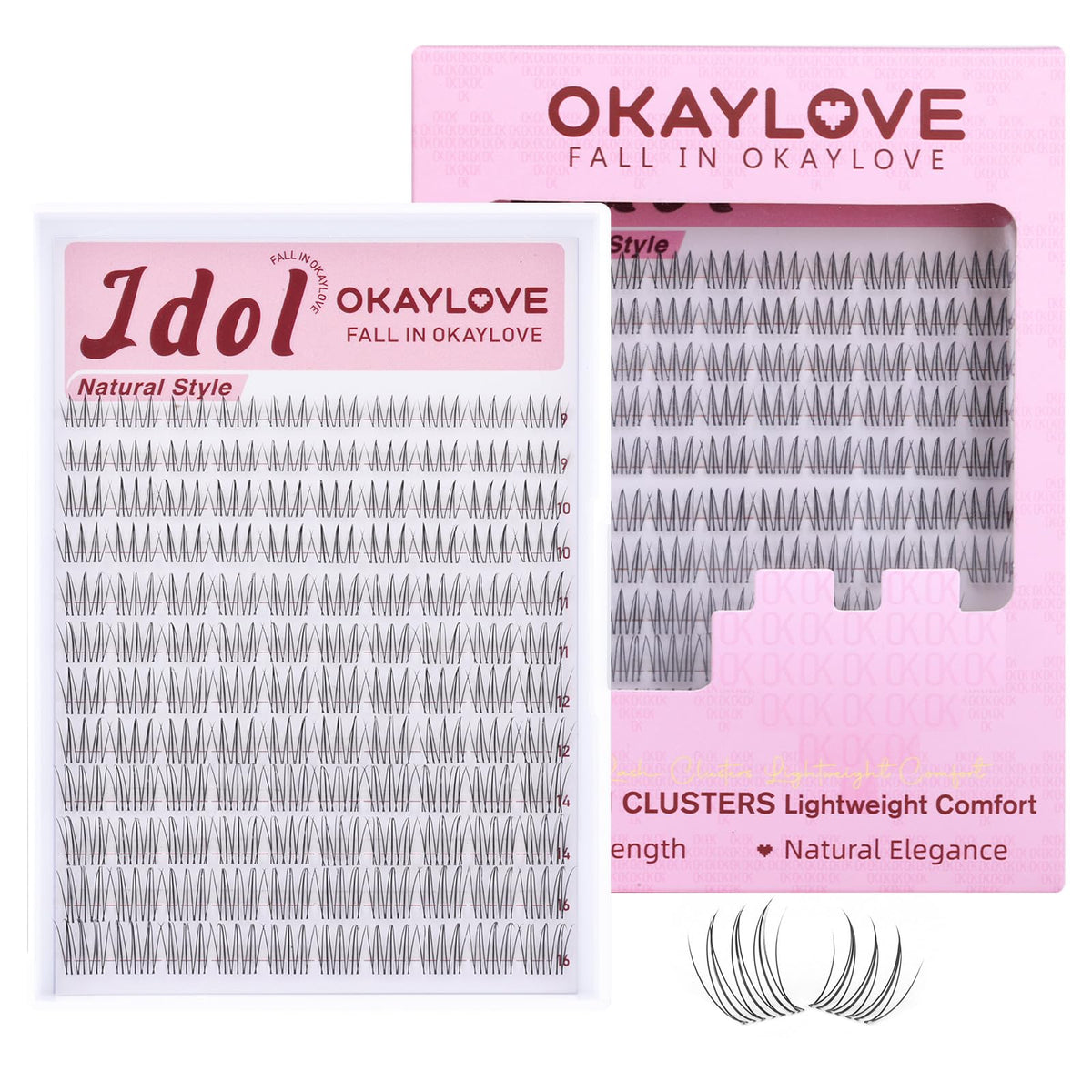 OKAYLOVE front packaging showing 120 natural lash clusters for easy selection